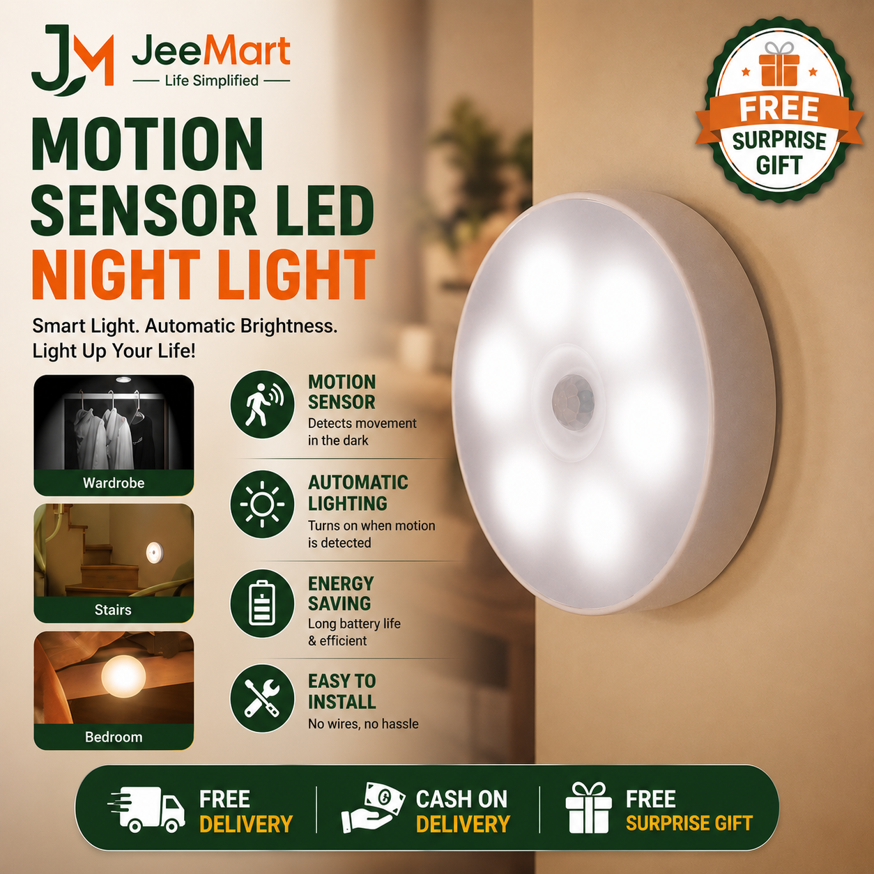 Rechargeable Motion Sensor LED Night Light - JeeMart