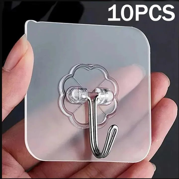 Heavy Duty Transparent Self Adhesive Wall Hooks (10Pcs) - Waterproof, No Drill