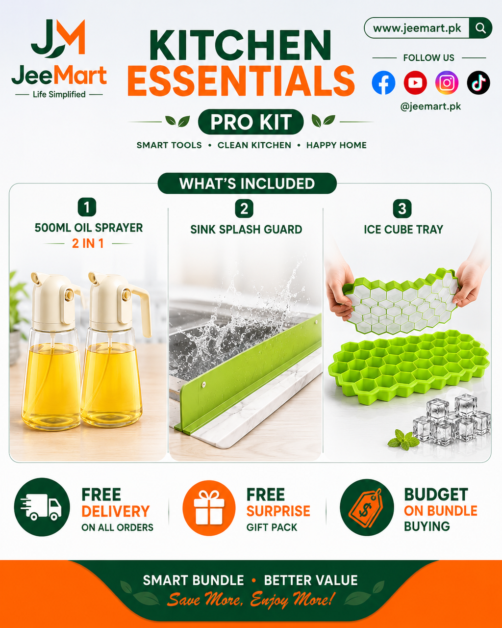 Kitchen Essentials Pro Kit | 500ml Oil Sprayers + Sink Splash Guard + Honeycomb Ice Cube Tray Bundle