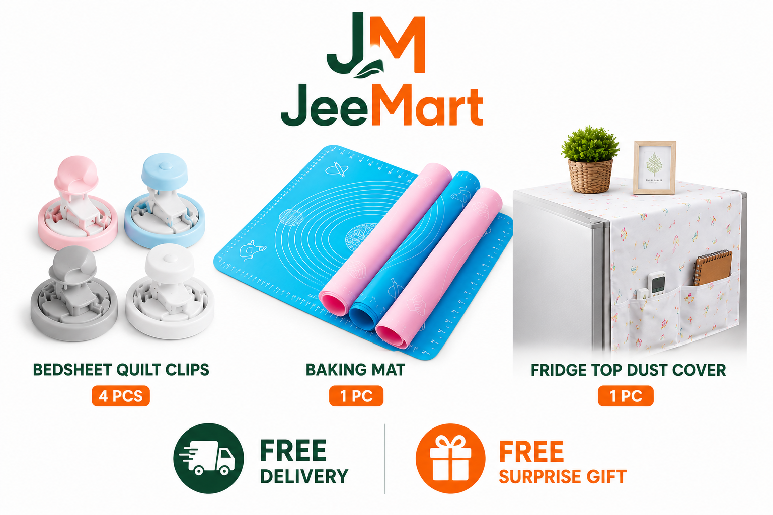 Smart Home Essentials Kit | Fridge Top Dust Cover + Silicone Baking Mat + 4 Bedsheet Quilt Clips Bundle