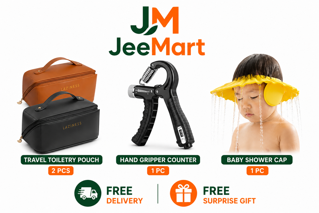 Travel & Fitness Essentials Kit | Travel Toiletry Pouches + Counter Hand Gripper + Baby Shower Cap Bundle