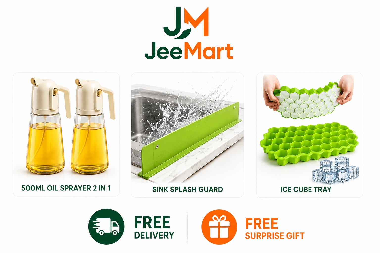 Kitchen Essentials Pro Kit | 500ml Oil Sprayers + Sink Splash Guard + Honeycomb Ice Cube Tray Bundle