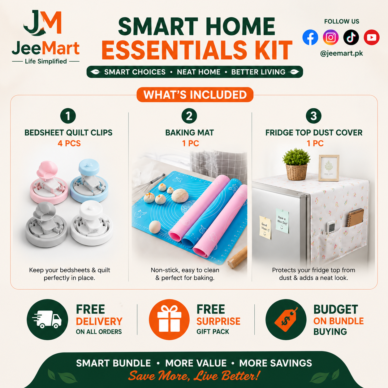 Smart Home Essentials Kit | Fridge Top Dust Cover + Silicone Baking Mat + 4 Bedsheet Quilt Clips Bundle