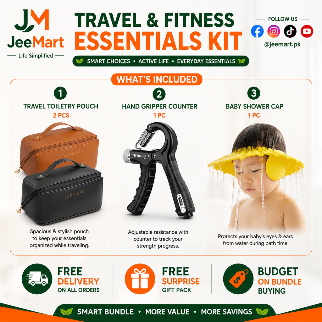 Travel & Fitness Essentials Kit | Travel Toiletry Pouches + Counter Hand Gripper + Baby Shower Cap Bundle