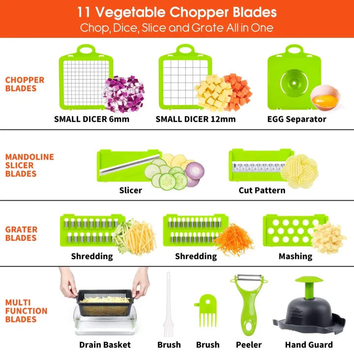 16-in-1 Multifunctional Vegetable Chopper | Manual Food Cutter & Slicer with 8 Stainless Steel Blades | Kitchen Fruit & Vegetable Dicer