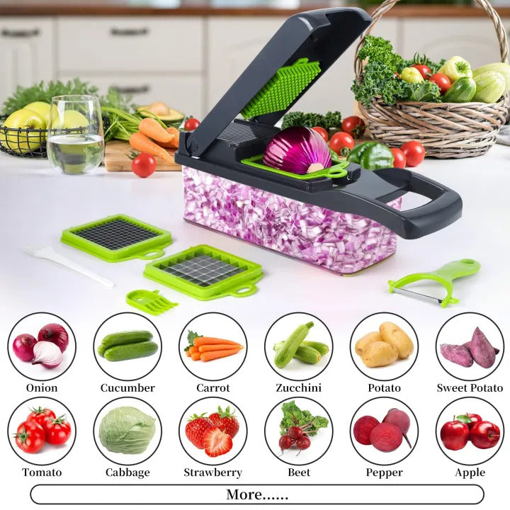16-in-1 Multifunctional Vegetable Chopper | Manual Food Cutter & Slicer with 8 Stainless Steel Blades | Kitchen Fruit & Vegetable Dicer