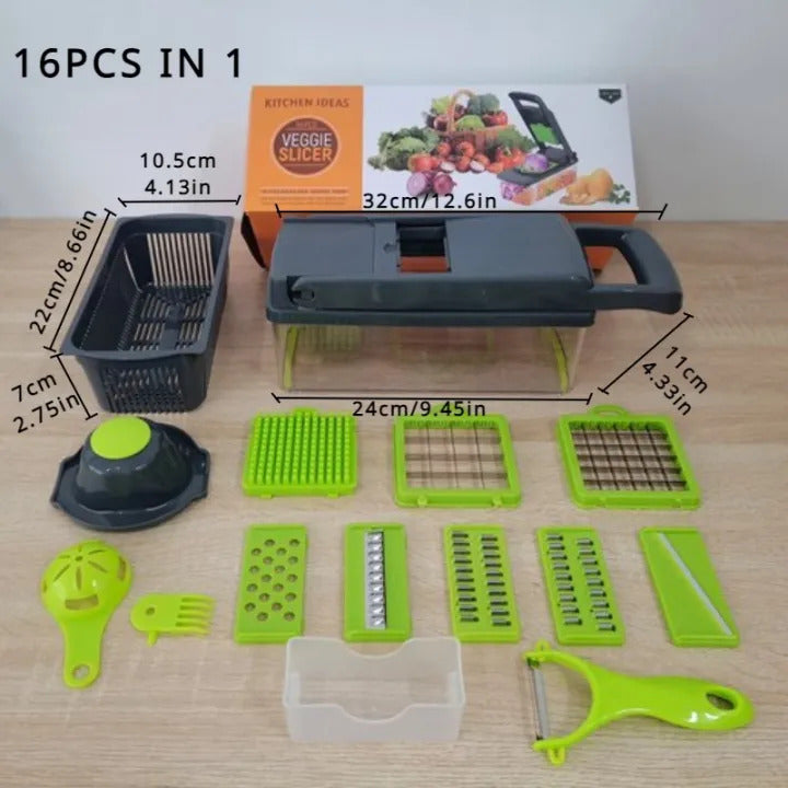 16-in-1 Multifunctional Vegetable Chopper | Manual Food Cutter & Slicer with 8 Stainless Steel Blades | Kitchen Fruit & Vegetable Dicer