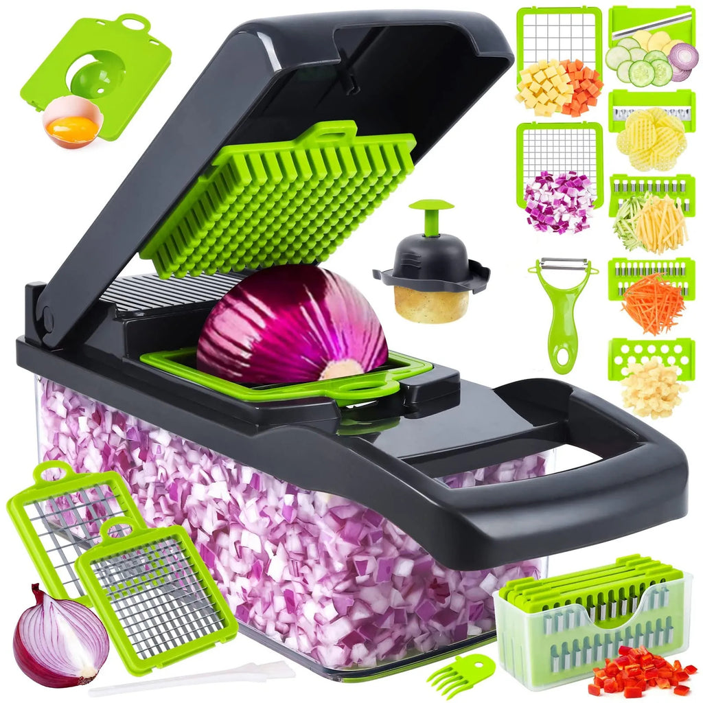 16-in-1 Multifunctional Vegetable Chopper | Manual Food Cutter & Slicer with 8 Stainless Steel Blades | Kitchen Fruit & Vegetable Dicer