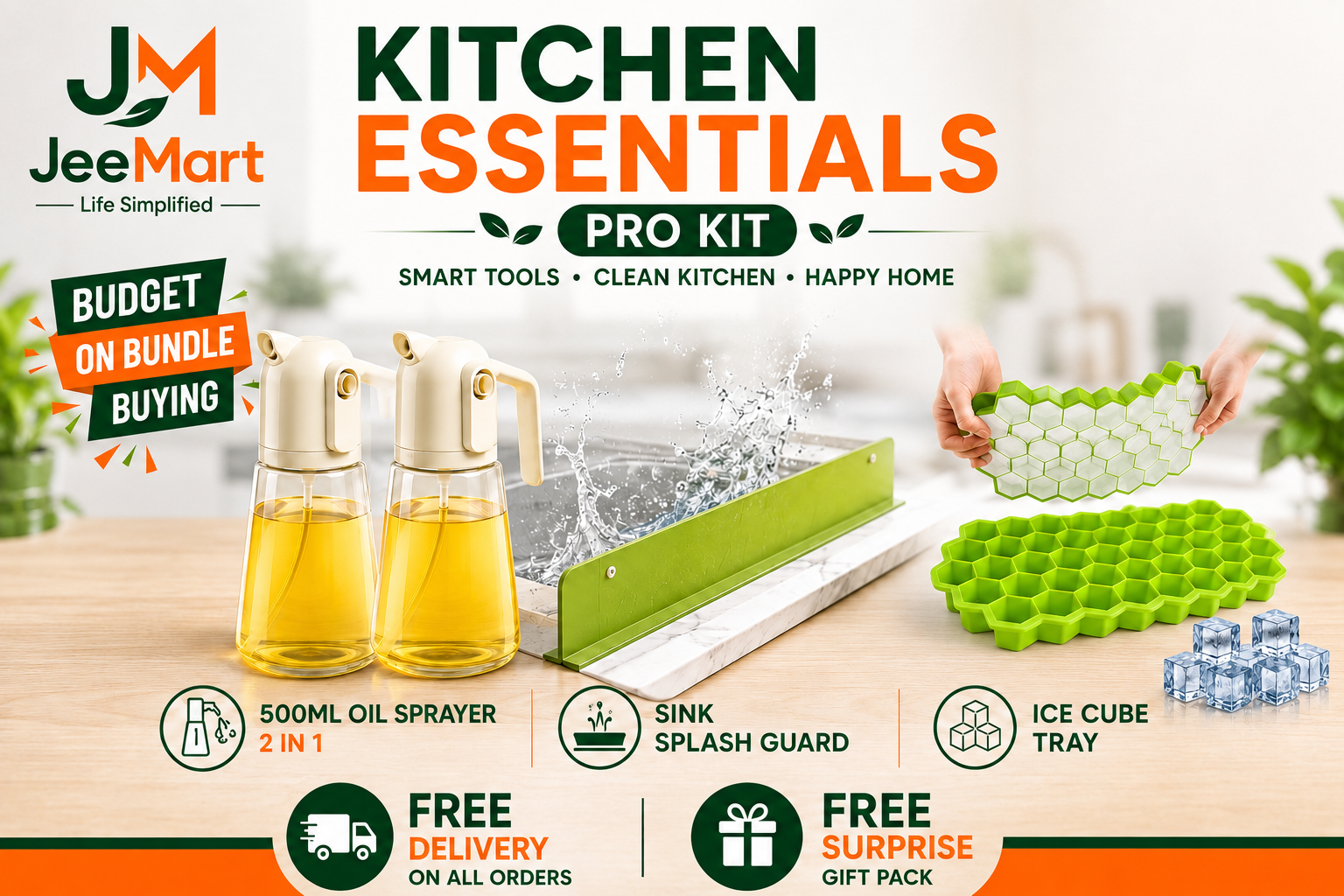 Kitchen Essentials Pro Kit | 500ml Oil Sprayers + Sink Splash Guard + Honeycomb Ice Cube Tray Bundle