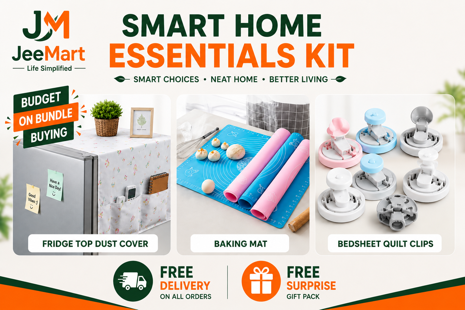 Smart Home Essentials Kit | Fridge Top Dust Cover + Silicone Baking Mat + 4 Bedsheet Quilt Clips Bundle