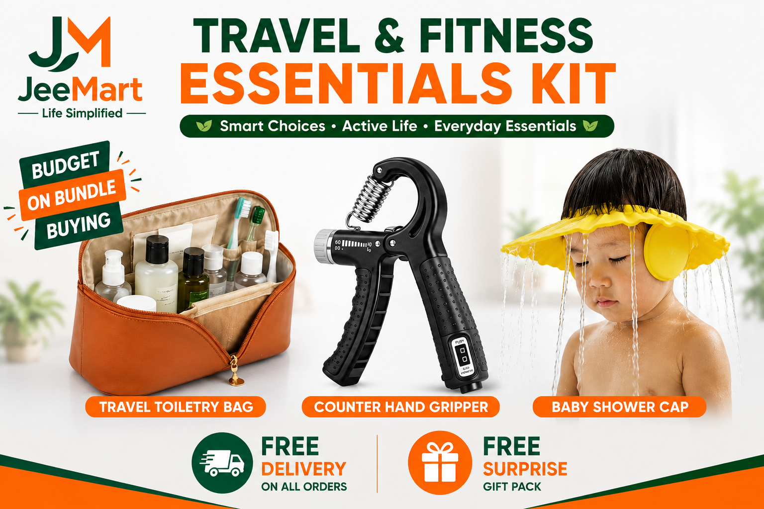 Travel & Fitness Essentials Kit | Travel Toiletry Pouches + Counter Hand Gripper + Baby Shower Cap Bundle